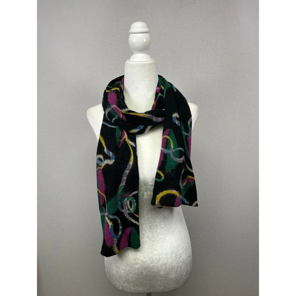 Abstract Retro Madison 88 Womens‎ OS Black Multi Color Wool Blend Knit Scarf